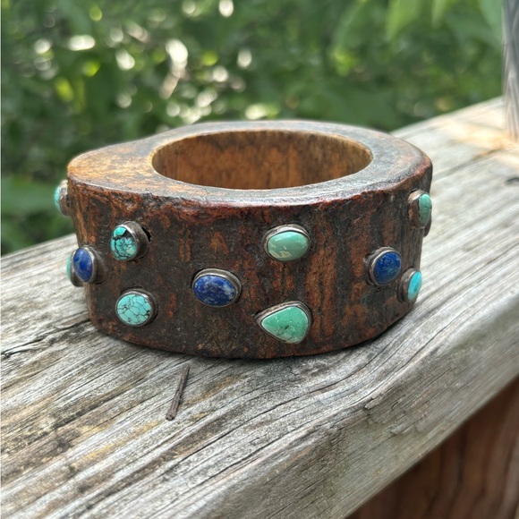 Turquoise and Sodalite Gem Wooden Bracelet - Picture 3 of 6